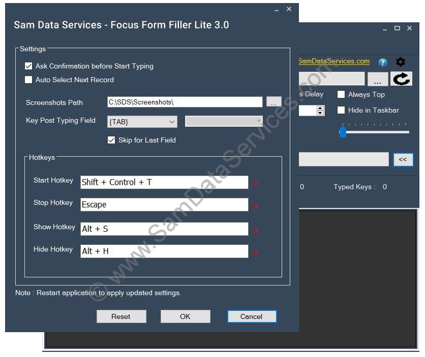 Focus Form Filler Settings Form