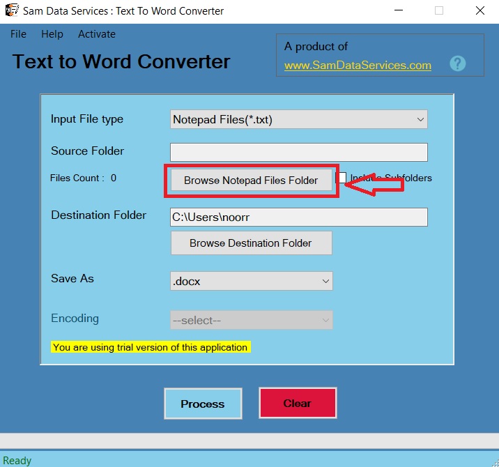 browse files demonstration of txt to word converter